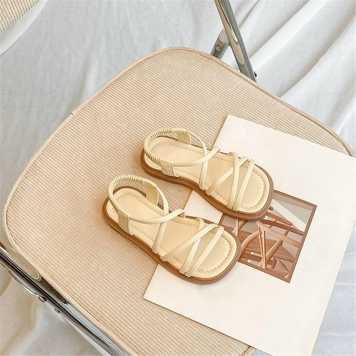 Girls Sandals Open Toe Elastic Ankle Strap Dress Shoes Slip On Beach Flat Sandals Anti-Slip Rubber Sole Sandal