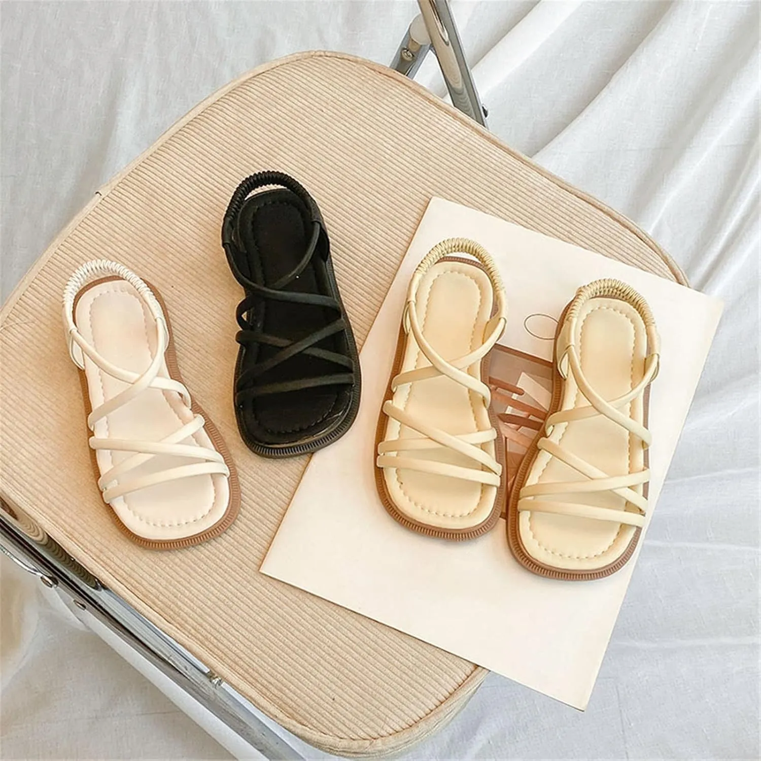 Girls Sandals Open Toe Elastic Ankle Strap Dress Shoes Slip On Beach Flat Sandals Anti-Slip Rubber Sole Sandal