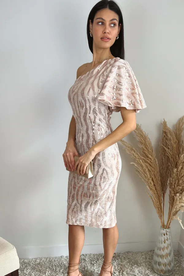 Glam One-Shoulder Velvet Midi Dress with Sequin Detail