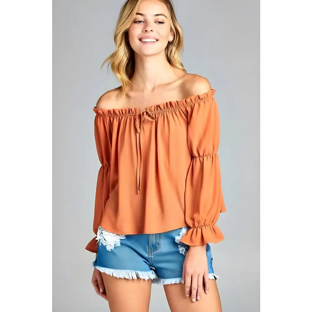 Golden Yellow Off Shoulder Long Sleeve Ruffled Top & Denim Shorts