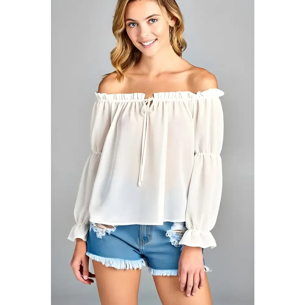 Golden Yellow Off Shoulder Long Sleeve Ruffled Top & Denim Shorts