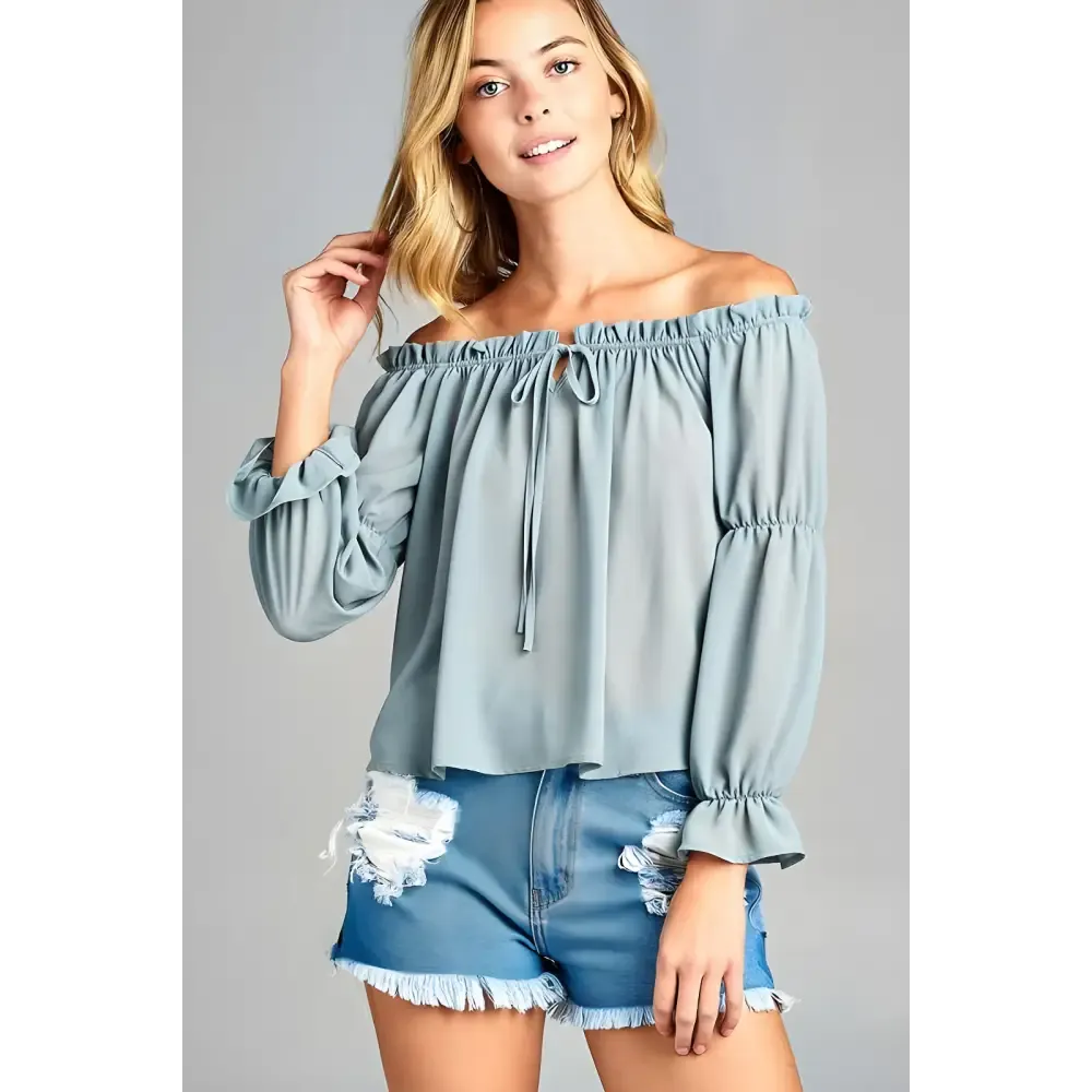 Golden Yellow Off Shoulder Long Sleeve Ruffled Top & Denim Shorts