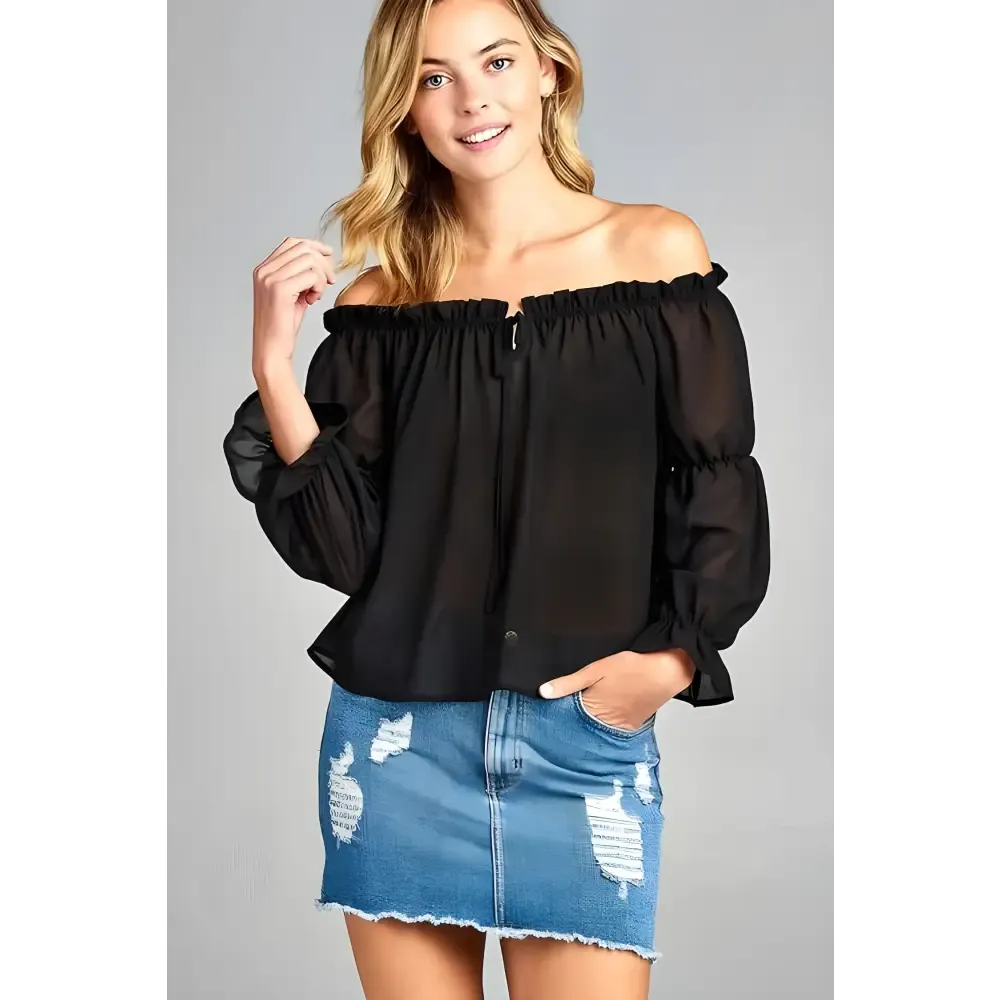 Golden Yellow Off Shoulder Long Sleeve Ruffled Top & Denim Shorts