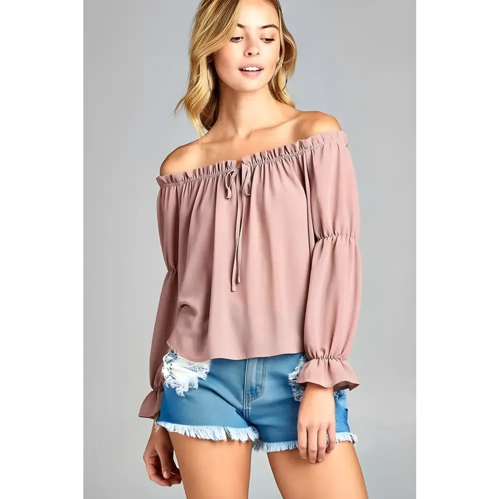 Golden Yellow Off Shoulder Long Sleeve Ruffled Top & Denim Shorts