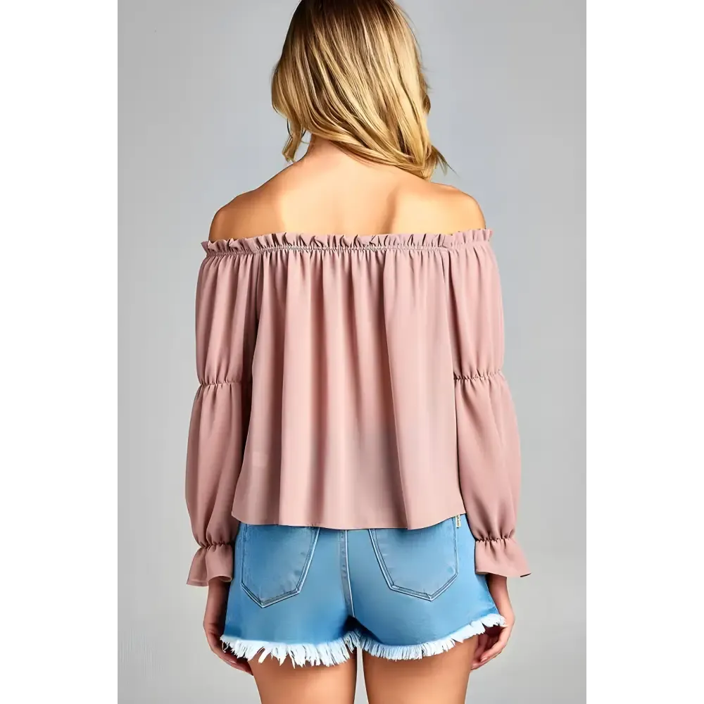 Golden Yellow Off Shoulder Long Sleeve Ruffled Top & Denim Shorts