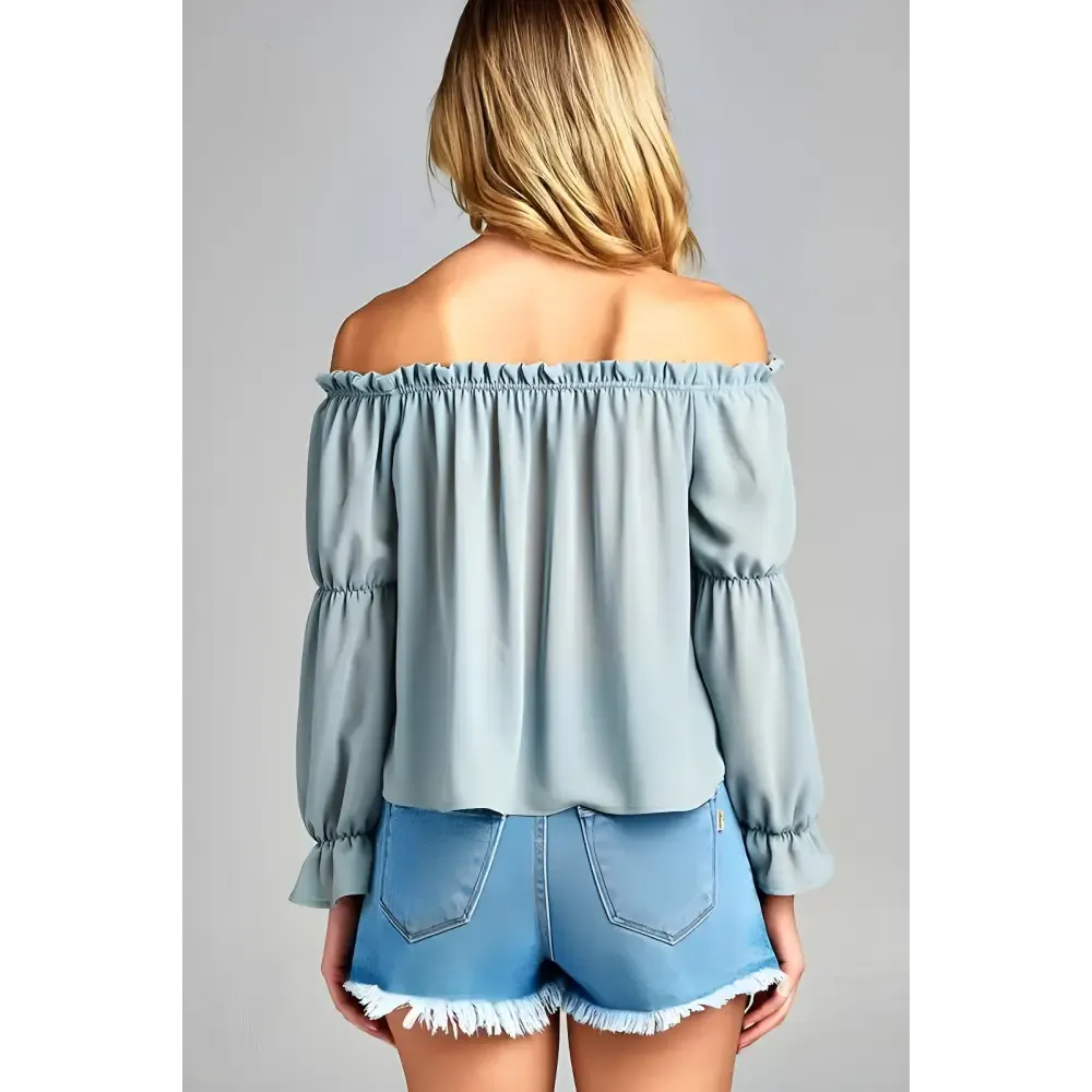 Golden Yellow Off Shoulder Long Sleeve Ruffled Top & Denim Shorts