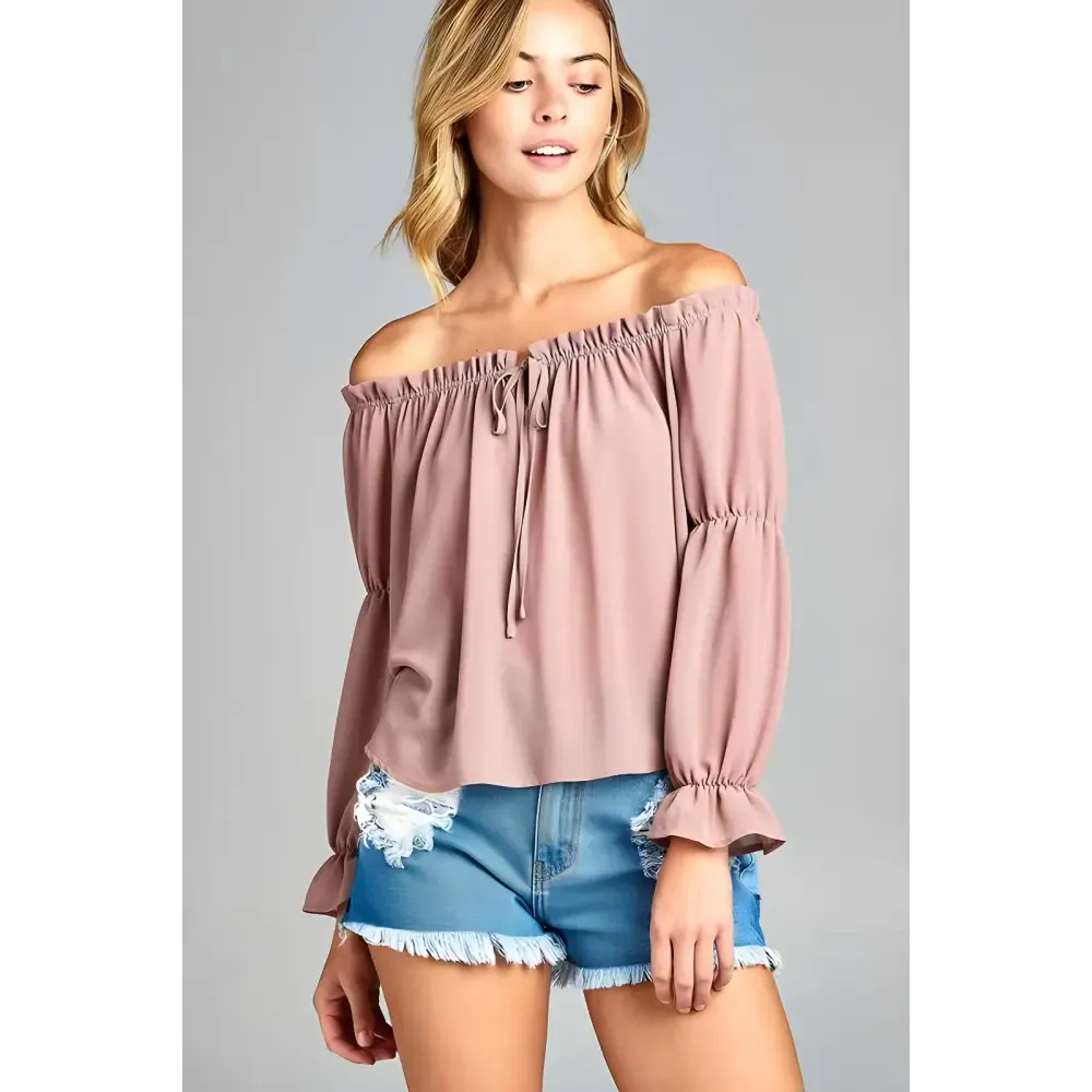 Golden Yellow Off Shoulder Long Sleeve Ruffled Top & Denim Shorts