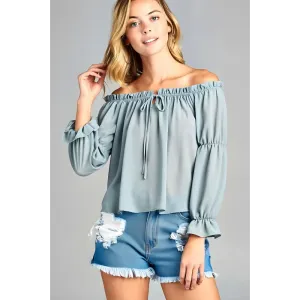 Golden Yellow Off Shoulder Long Sleeve Ruffled Top & Denim Shorts