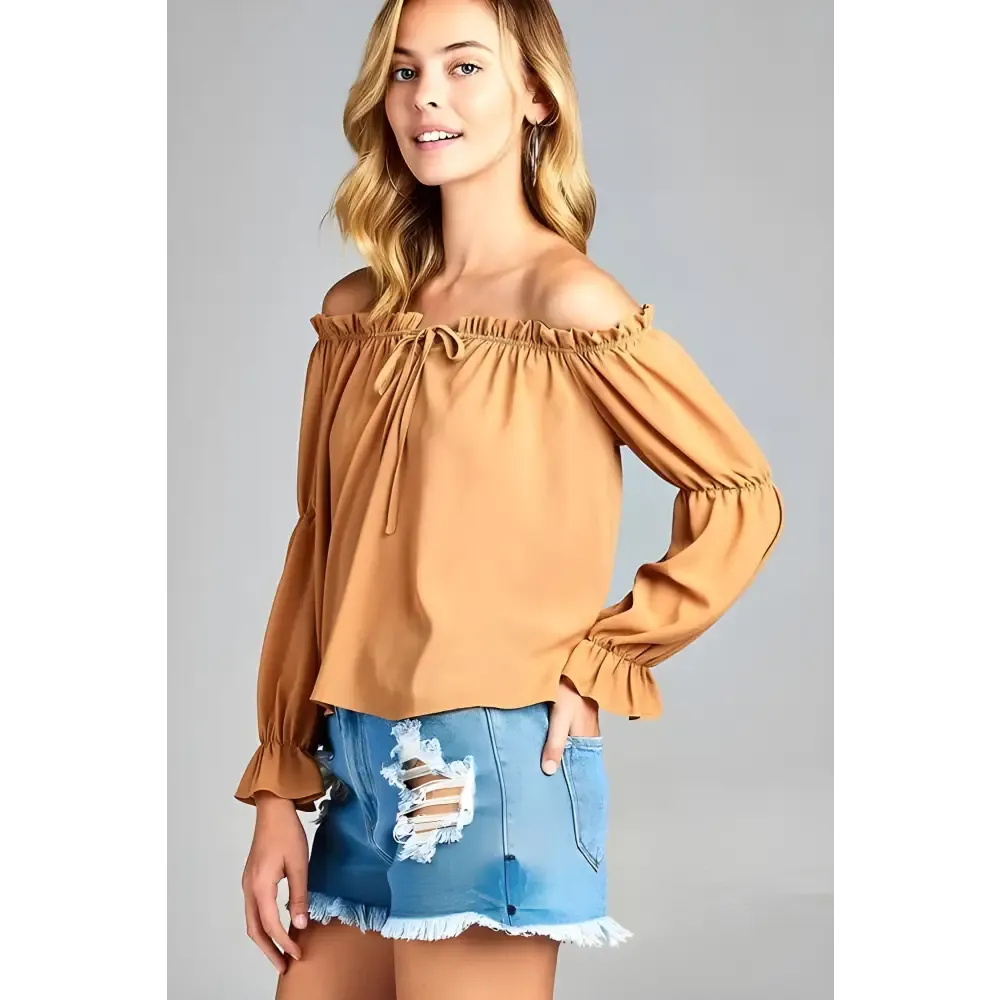 Golden Yellow Off Shoulder Long Sleeve Ruffled Top & Denim Shorts