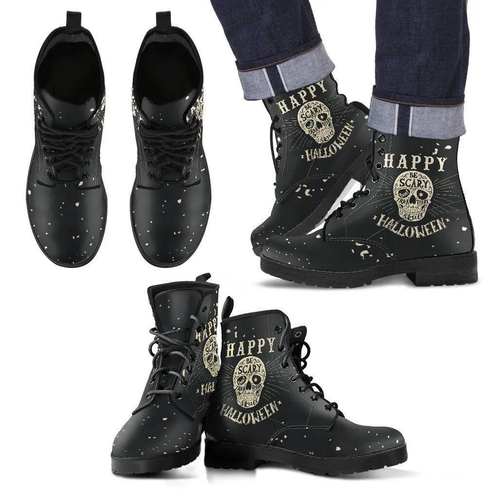 Gothic Halloween Biker Boots for Him & Her, Vegan-Friendly Black Leather
