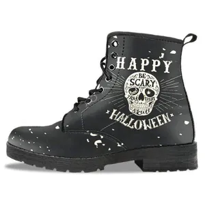 Gothic Halloween Biker Boots for Him & Her, Vegan-Friendly Black Leather