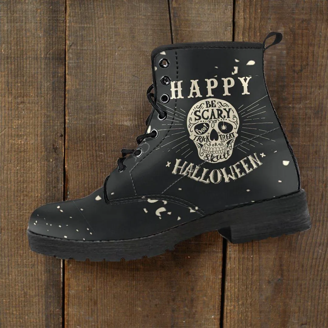 Gothic Halloween Biker Boots for Him & Her, Vegan-Friendly Black Leather