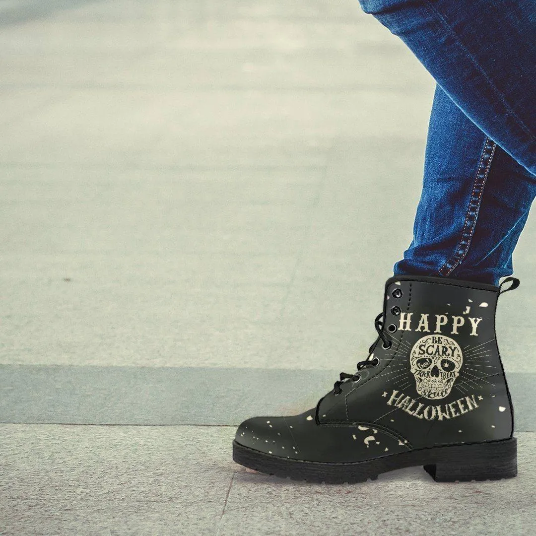 Gothic Halloween Biker Boots for Him & Her, Vegan-Friendly Black Leather