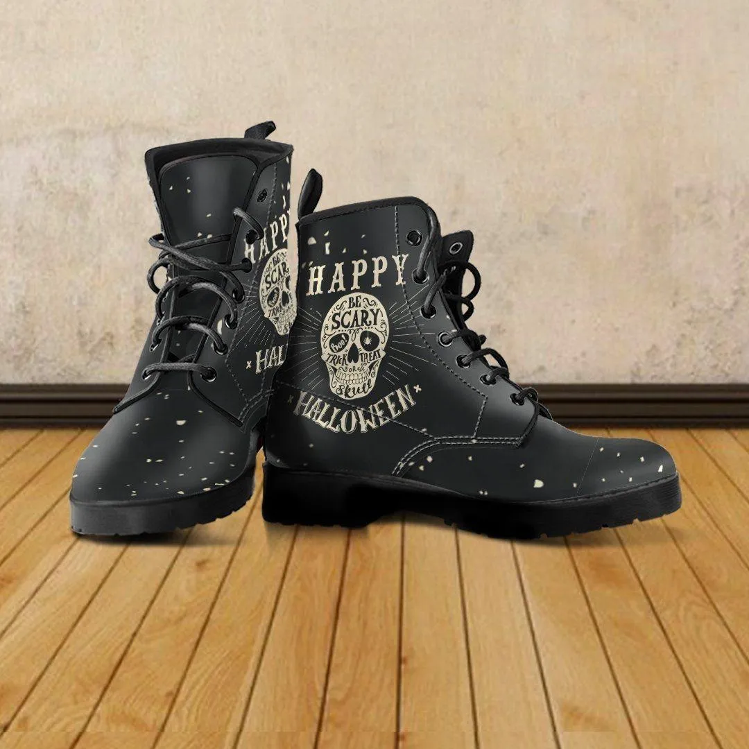Gothic Halloween Biker Boots for Him & Her, Vegan-Friendly Black Leather