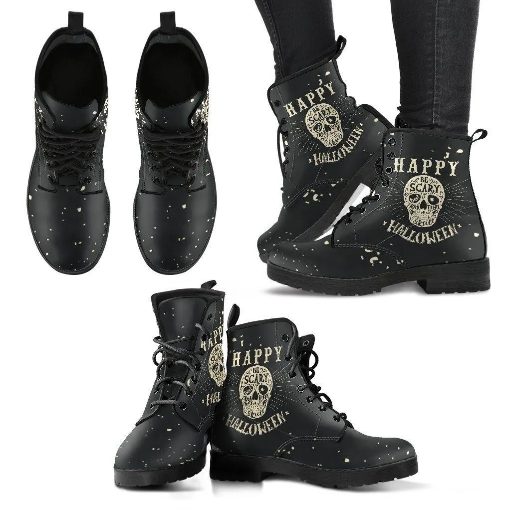 Gothic Halloween Biker Boots for Him & Her, Vegan-Friendly Black Leather