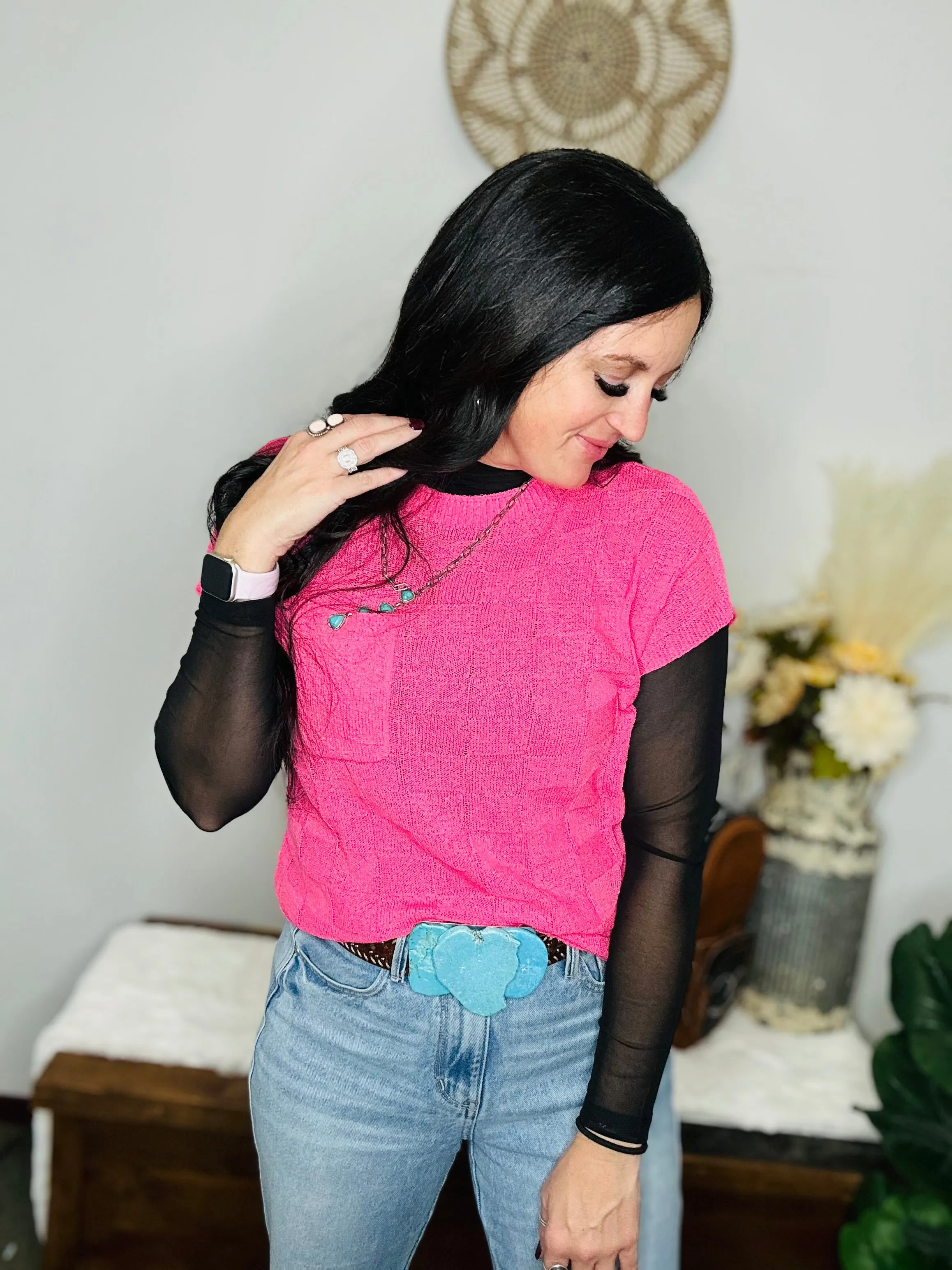 Greta Pink Textured Short Sleeve Sweater