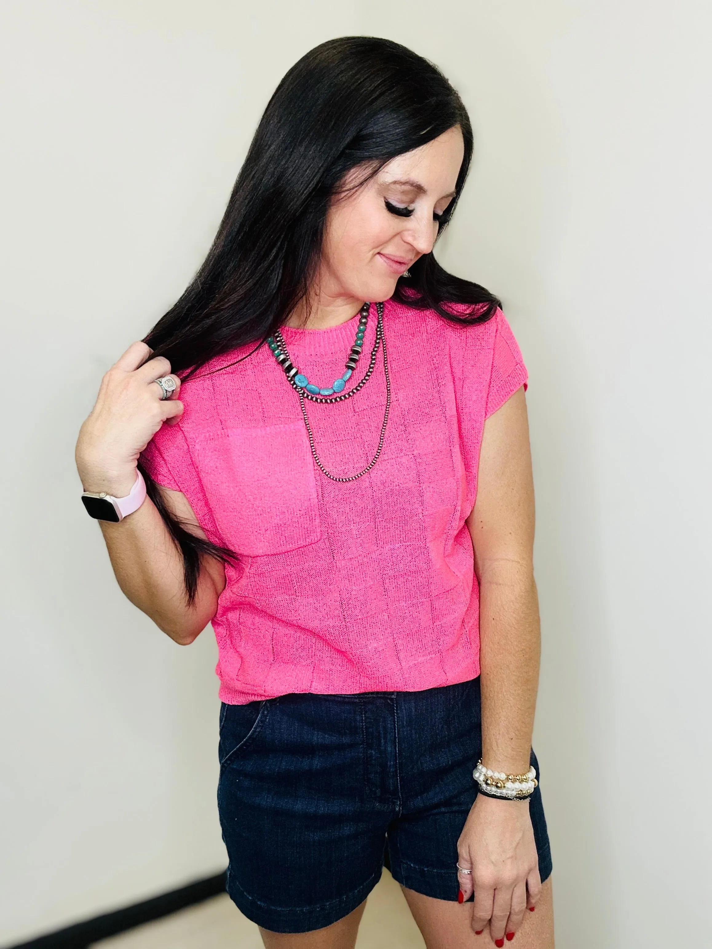 Greta Pink Textured Short Sleeve Sweater