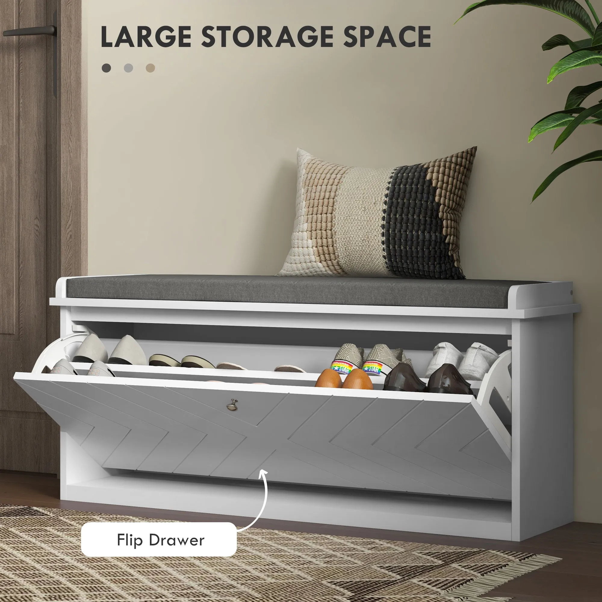 HOMCOM Shoe Bench with Flip Drawer, Cushion, 10 Pairs for Entryway White