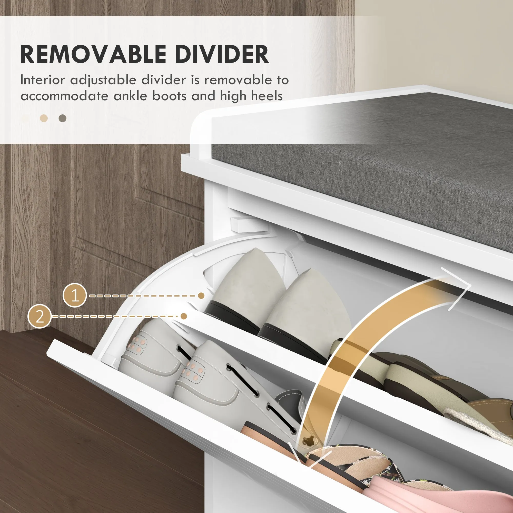 HOMCOM Shoe Bench with Flip Drawer, Cushion, 10 Pairs for Entryway White