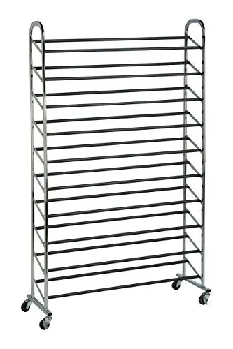 Honey-Can-Do SHO-02990 10-Tier Steel Rolling Shoe Tower, Holds Up to 50-Pairs, Chrome