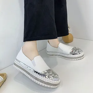 Joskaa New Silver Crystal Flat Shoes Woman Comfortable PU Leather White Casual Shoes Women Platform Slip On Loafers Bling