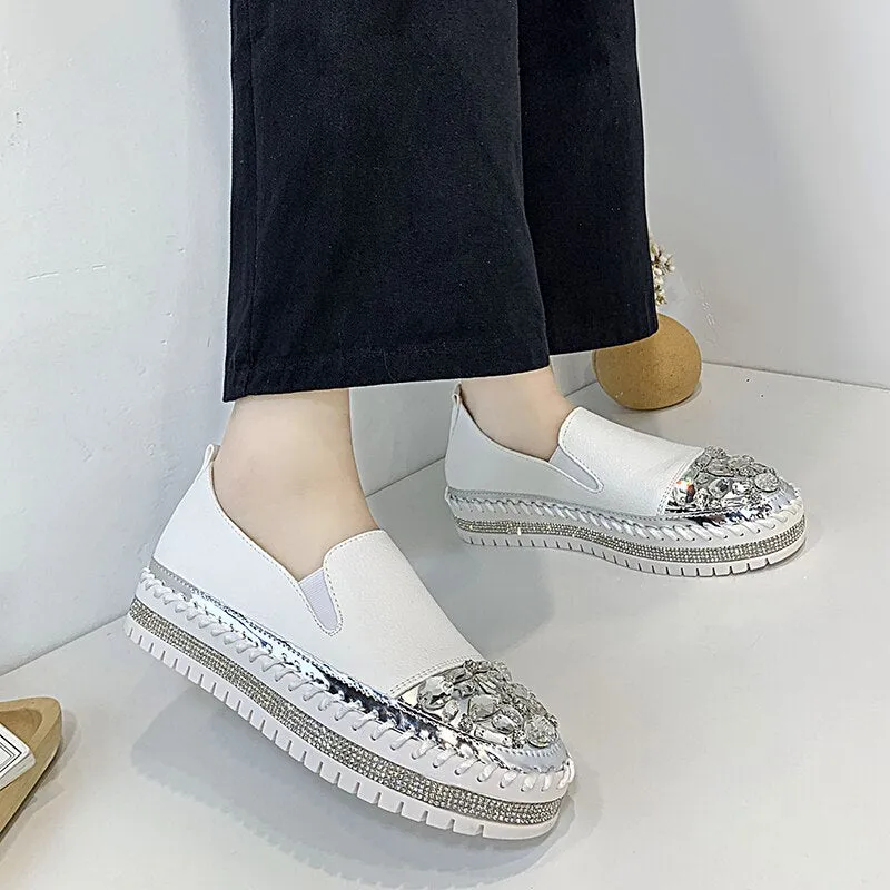 Joskaa New Silver Crystal Flat Shoes Woman Comfortable PU Leather White Casual Shoes Women Platform Slip On Loafers Bling