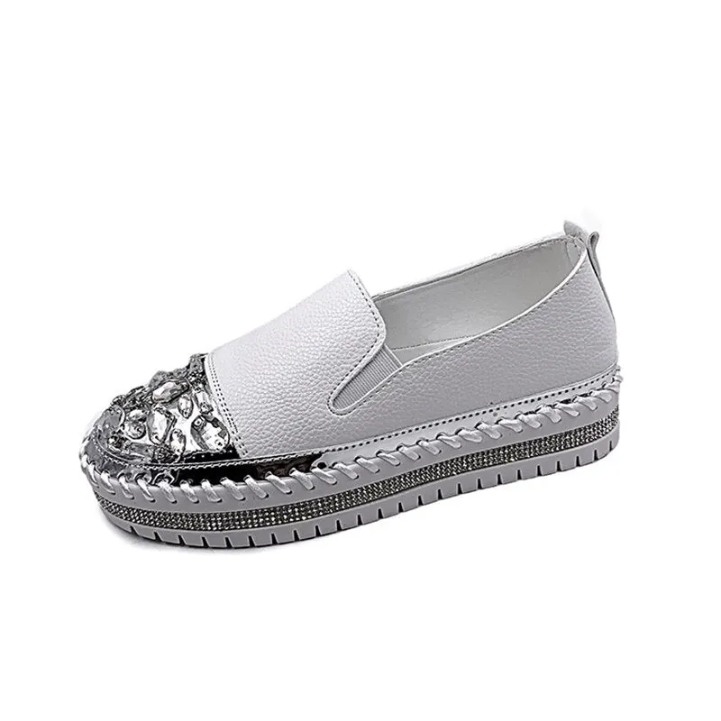 Joskaa New Silver Crystal Flat Shoes Woman Comfortable PU Leather White Casual Shoes Women Platform Slip On Loafers Bling