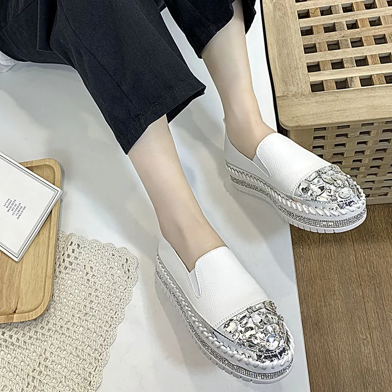 Joskaa New Silver Crystal Flat Shoes Woman Comfortable PU Leather White Casual Shoes Women Platform Slip On Loafers Bling