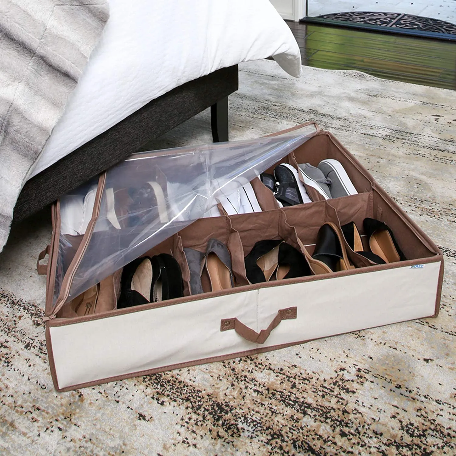 Jumbo Underbed Shoe Organizer with Zipper, Handle, and Clear Window