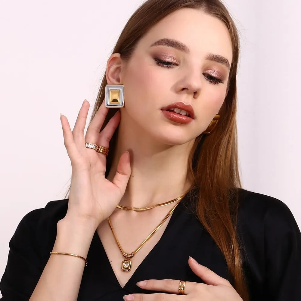 Kokoma Geometric Chunky Earrings for Women Large Square Boho Statement Stud Earrings Thick Dome Earrings Minimalist Ear Jewelry Gifts