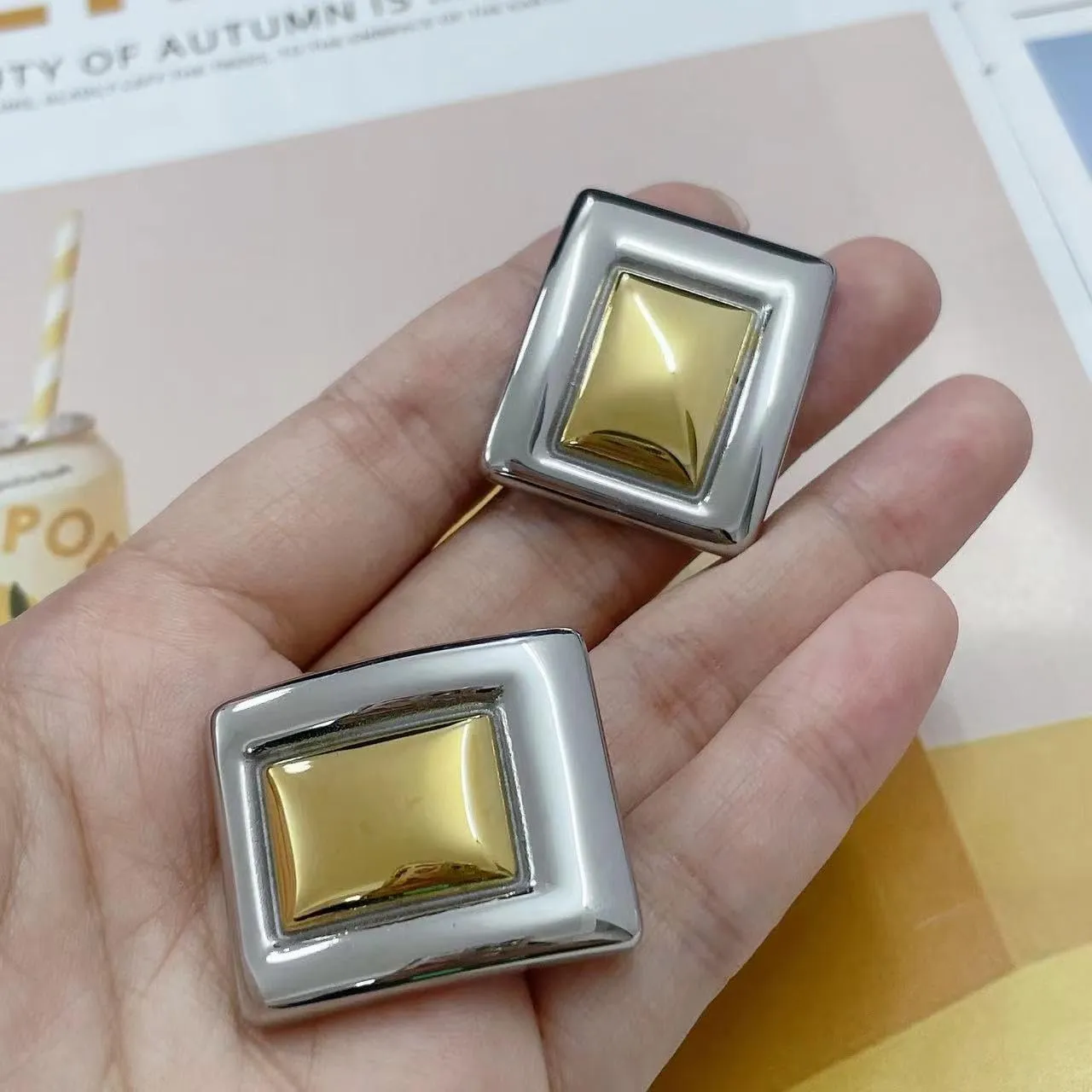 Kokoma Geometric Chunky Earrings for Women Large Square Boho Statement Stud Earrings Thick Dome Earrings Minimalist Ear Jewelry Gifts