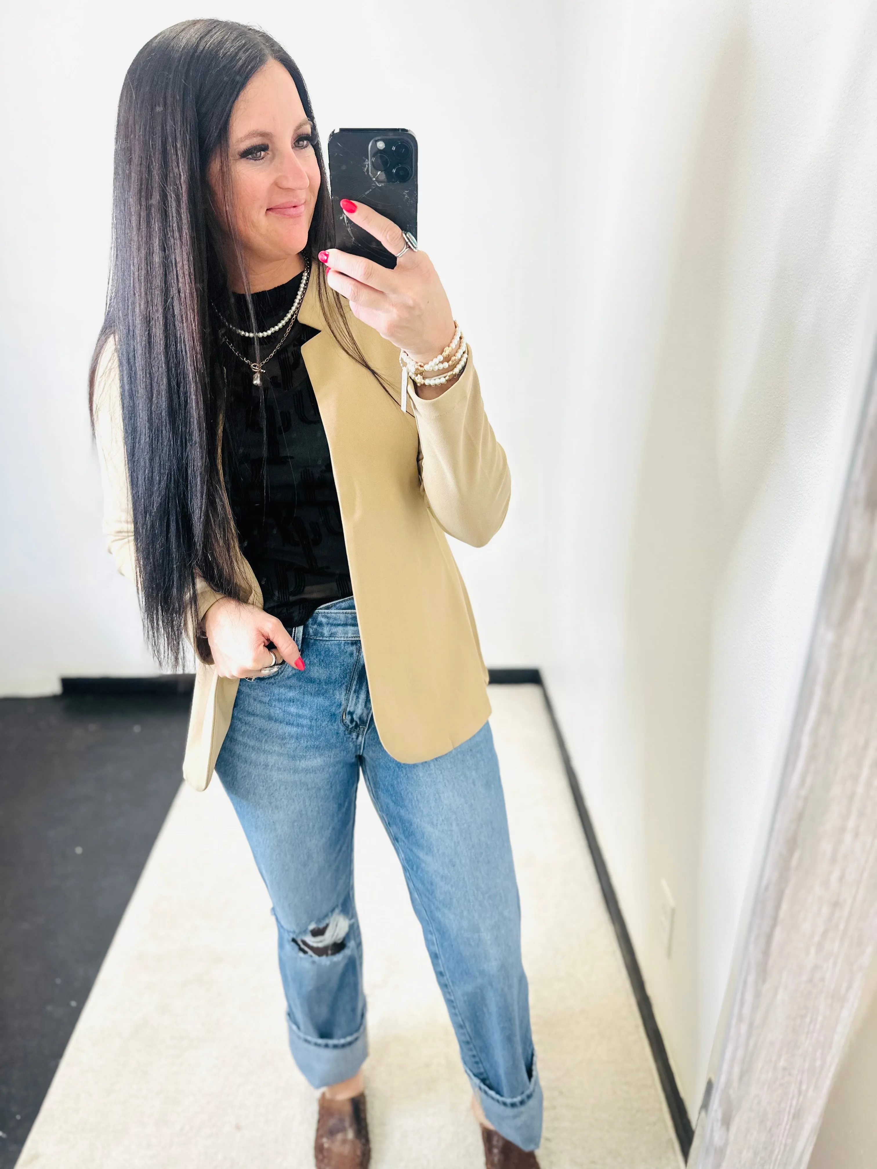 Kori Notch Collar Khaki Long Line Blazer