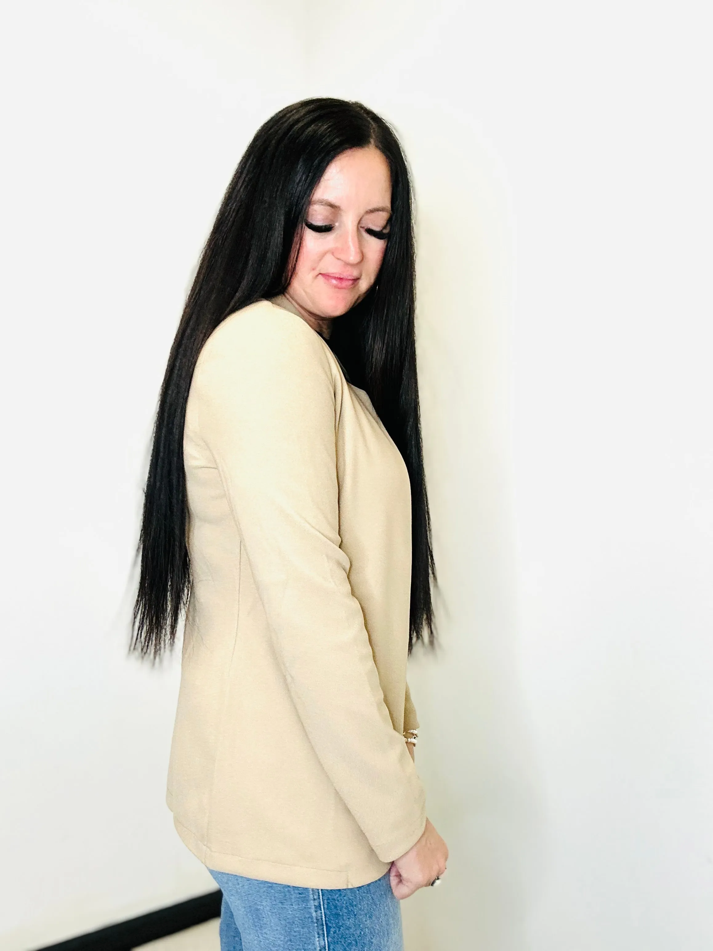 Kori Notch Collar Khaki Long Line Blazer