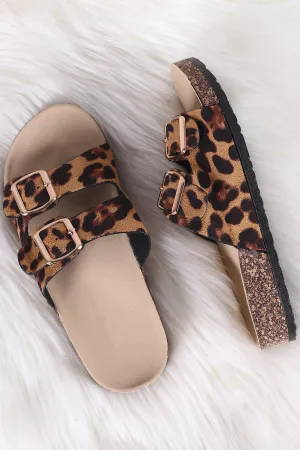 Leopard Double Buckled Slide Footbed Sandals