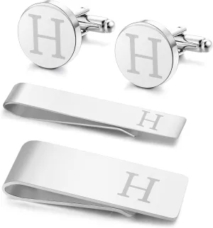 LOYALLOOK 4Pcs Stainless Steel Engraved Initial Cufflinks and Tie Bar Money Clip Set Personalized Button Shirt Initials Tie Clip Alphabet Letter A-Z with Gift Box for Best Man Groom Wedding Business