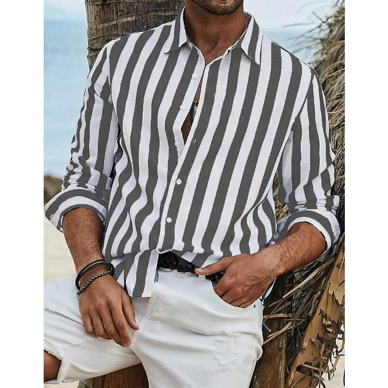 Men's Casual Cotton and Linen Striped Long Sleeve Shirt 17628999Y