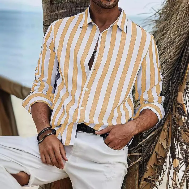 Men's Casual Cotton and Linen Striped Long Sleeve Shirt 17628999Y