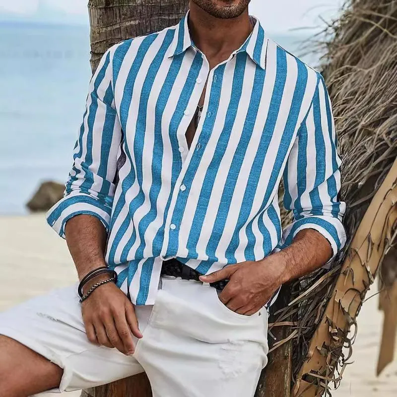 Men's Casual Cotton and Linen Striped Long Sleeve Shirt 17628999Y