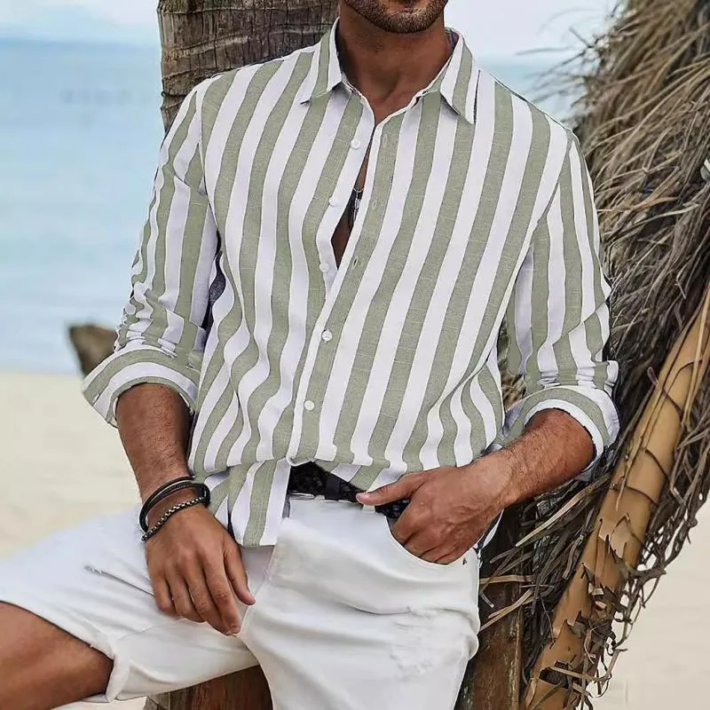 Men's Casual Cotton and Linen Striped Long Sleeve Shirt 17628999Y