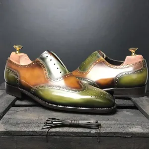 Olive Green and Tan Hand Painted Leather Estoril Brogue Toe Cap Oxfords - Formal Shoes