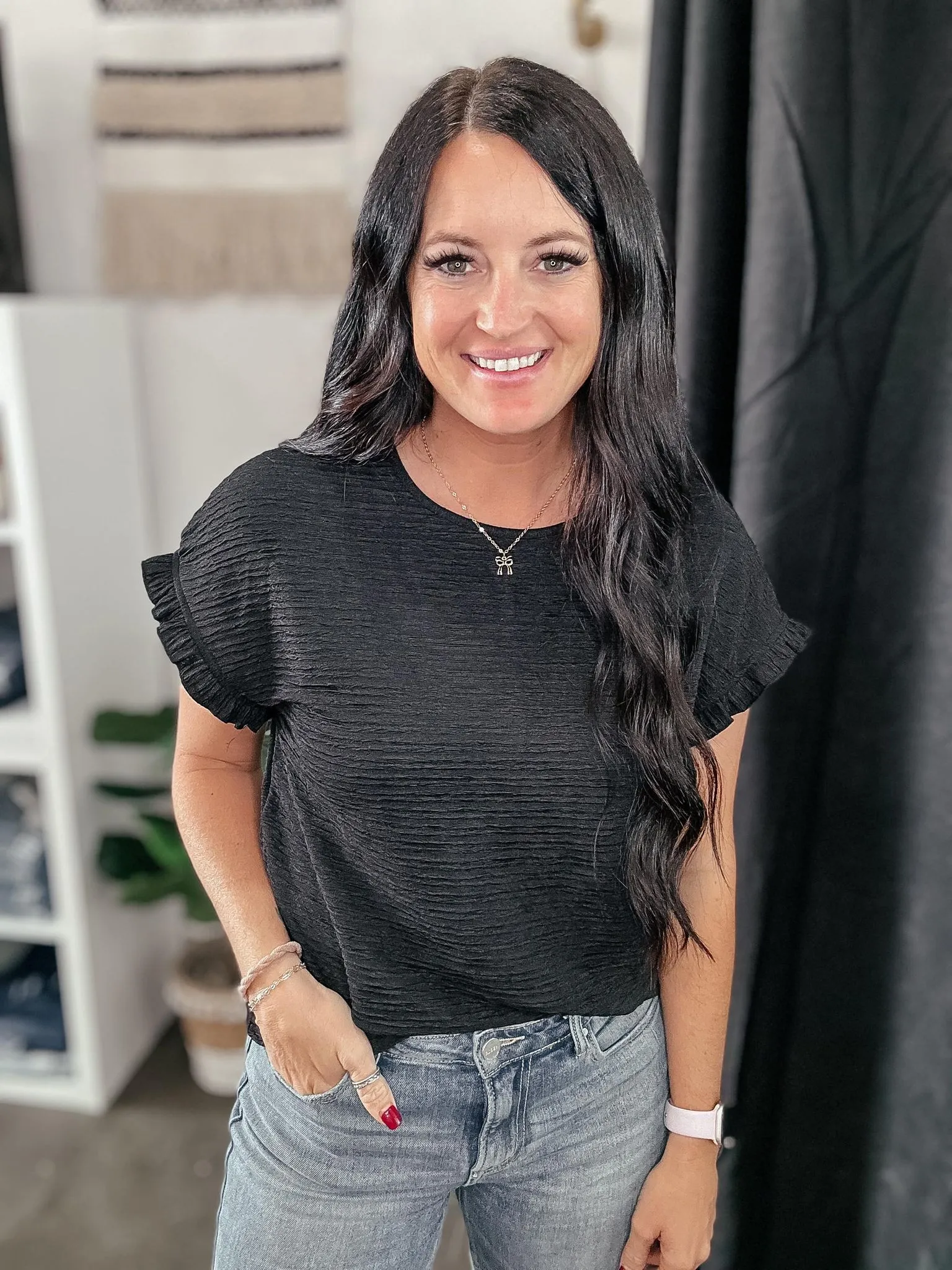 Pattie Black Textured Knit Short Sleeve Top