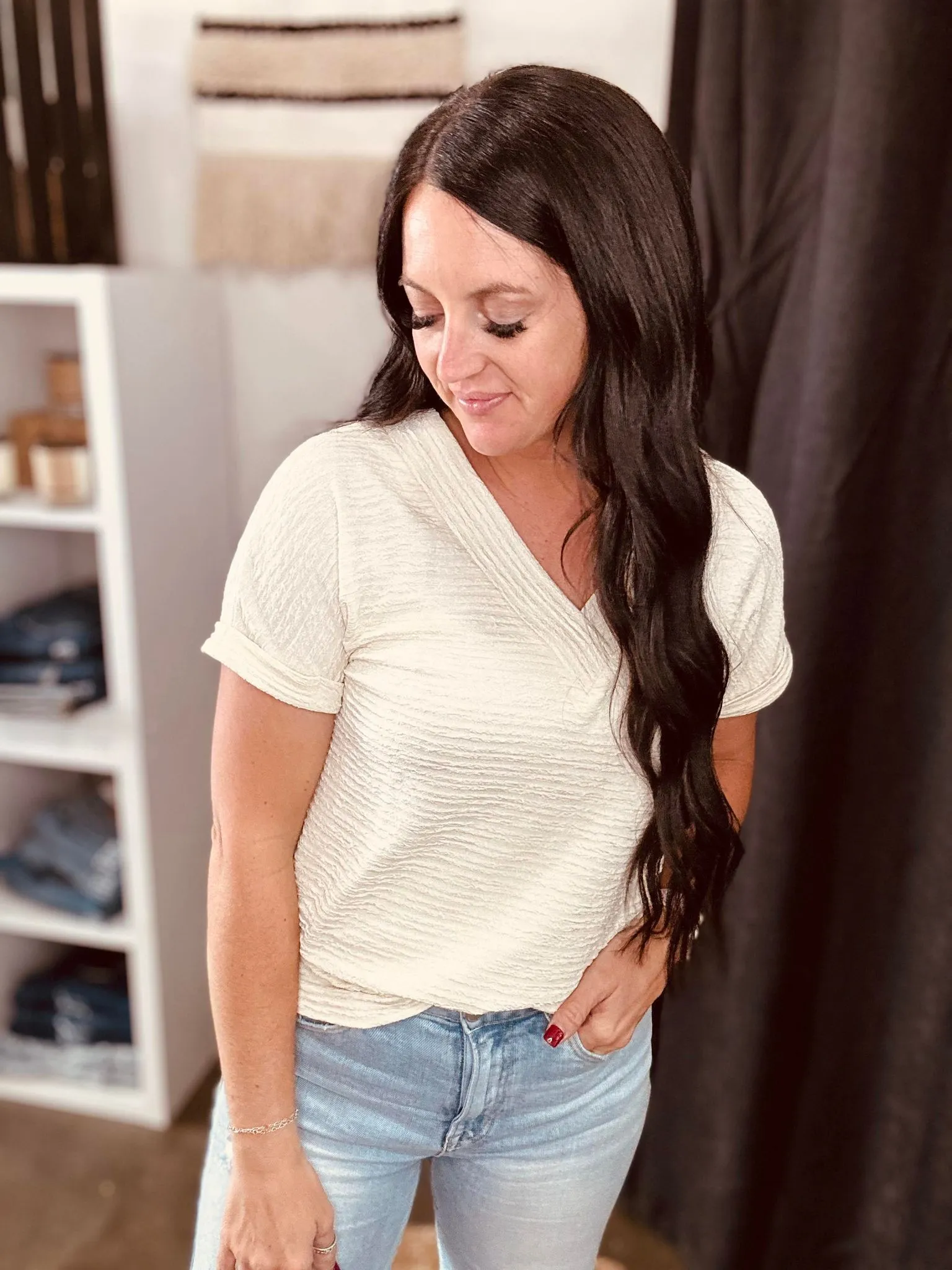 Pattie Khaki Textured Knit Short Sleeve Top
