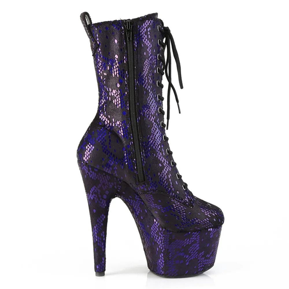 Pleaser Adore 7" Debby Stiletto Snakeskin Lace-Up Ankle Boots