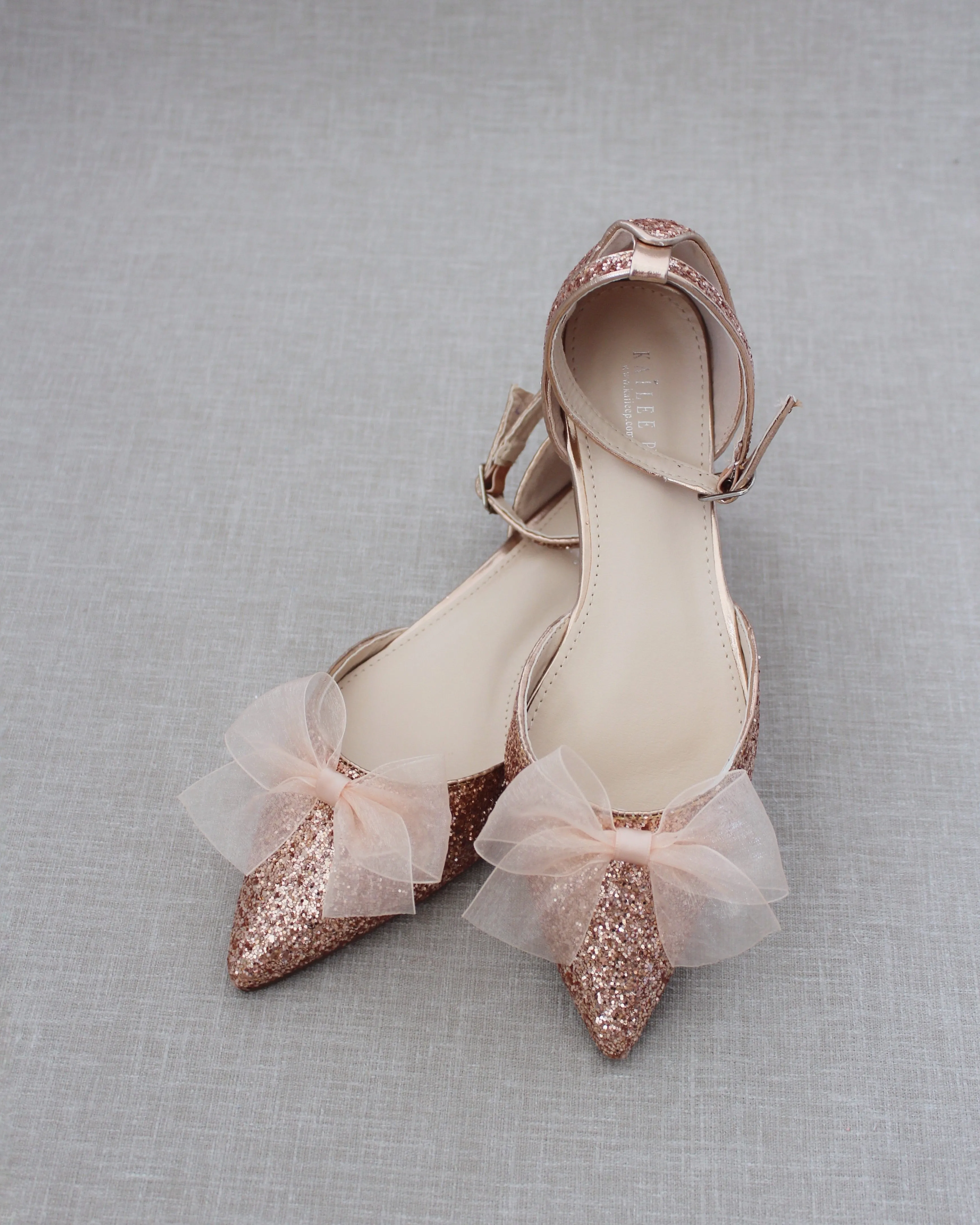 Rock Glitter Pointy Toe Flats with Organza Bow