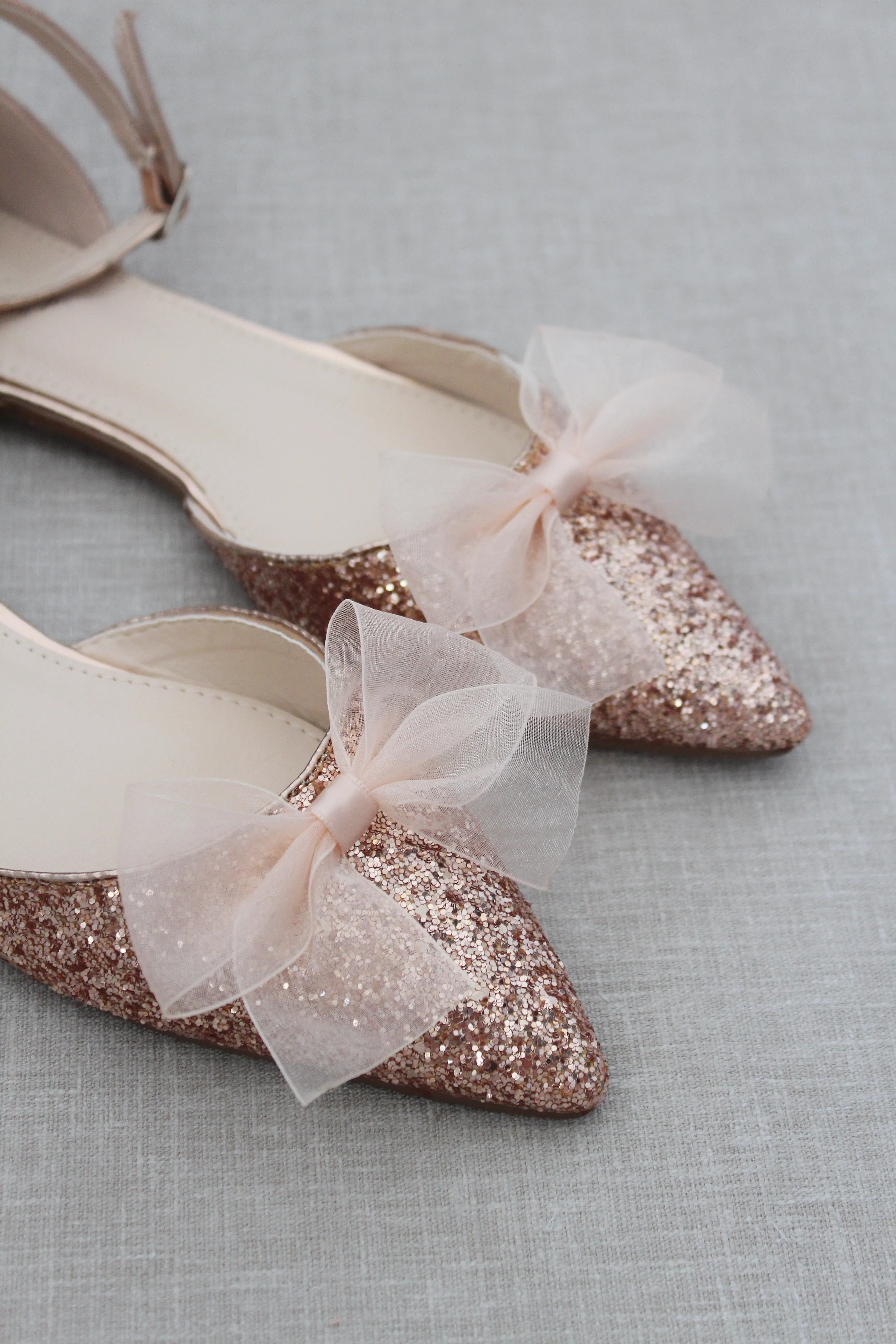 Rock Glitter Pointy Toe Flats with Organza Bow