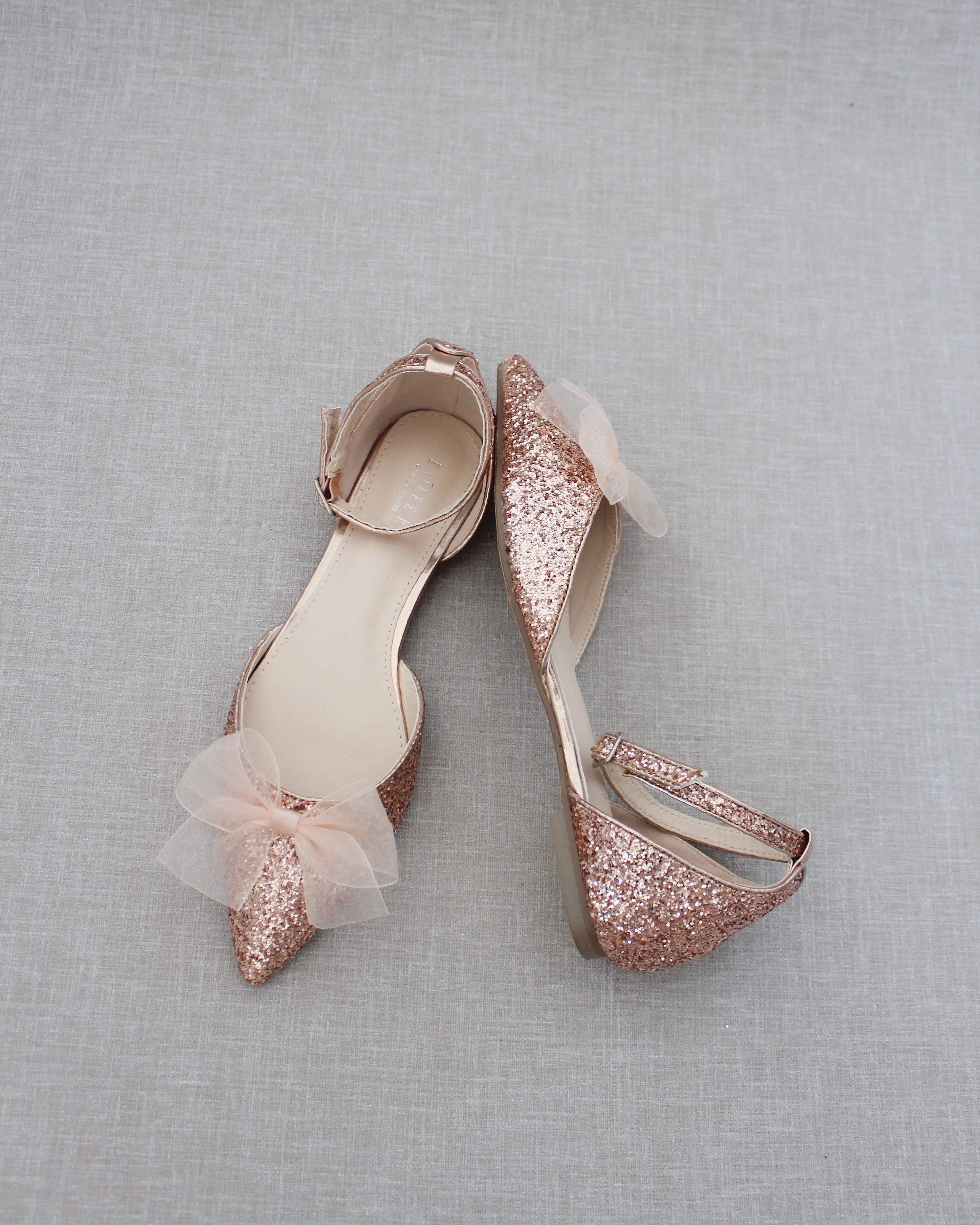 Rock Glitter Pointy Toe Flats with Organza Bow