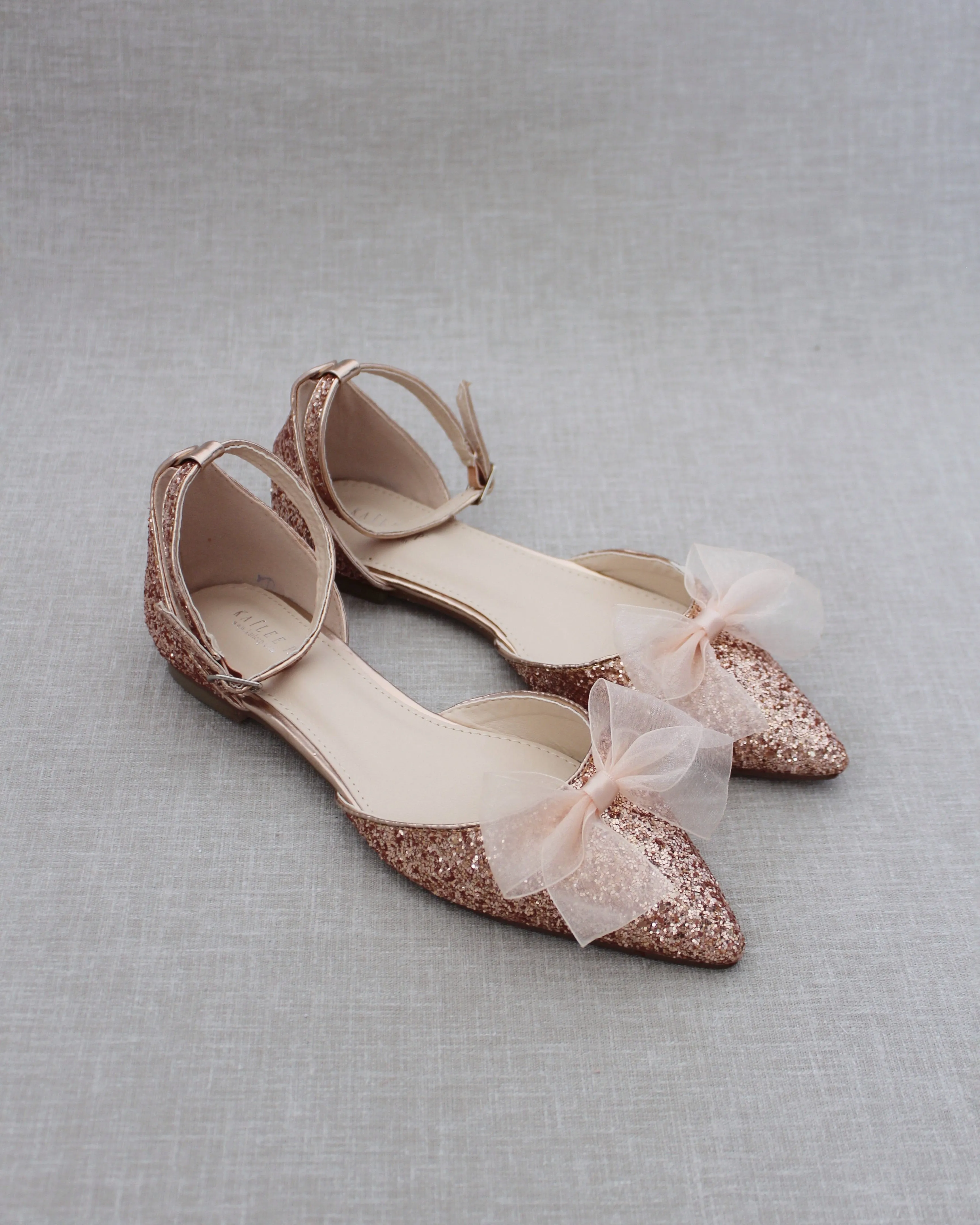 Rock Glitter Pointy Toe Flats with Organza Bow