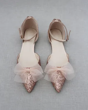Rock Glitter Pointy Toe Flats with Organza Bow