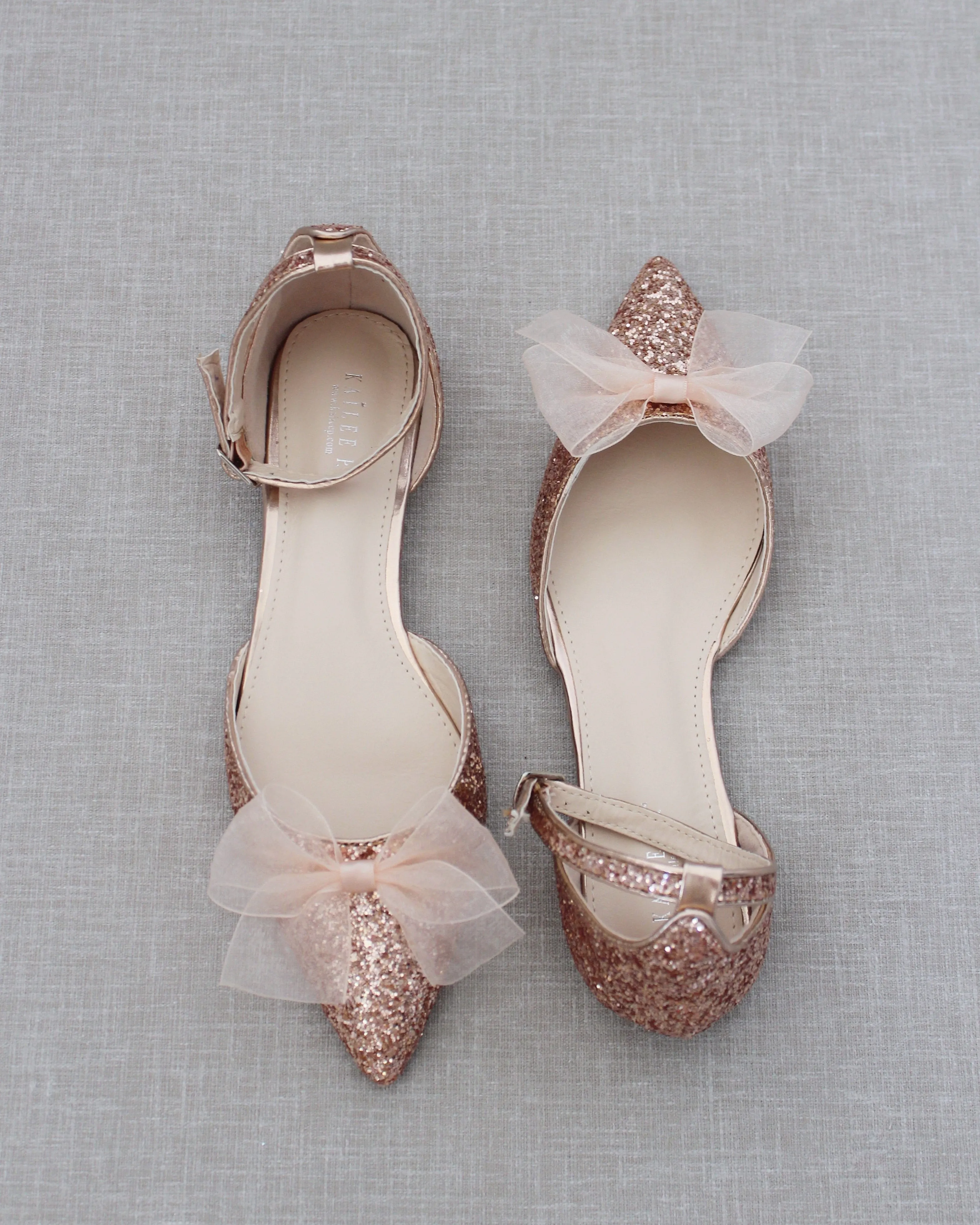 Rock Glitter Pointy Toe Flats with Organza Bow