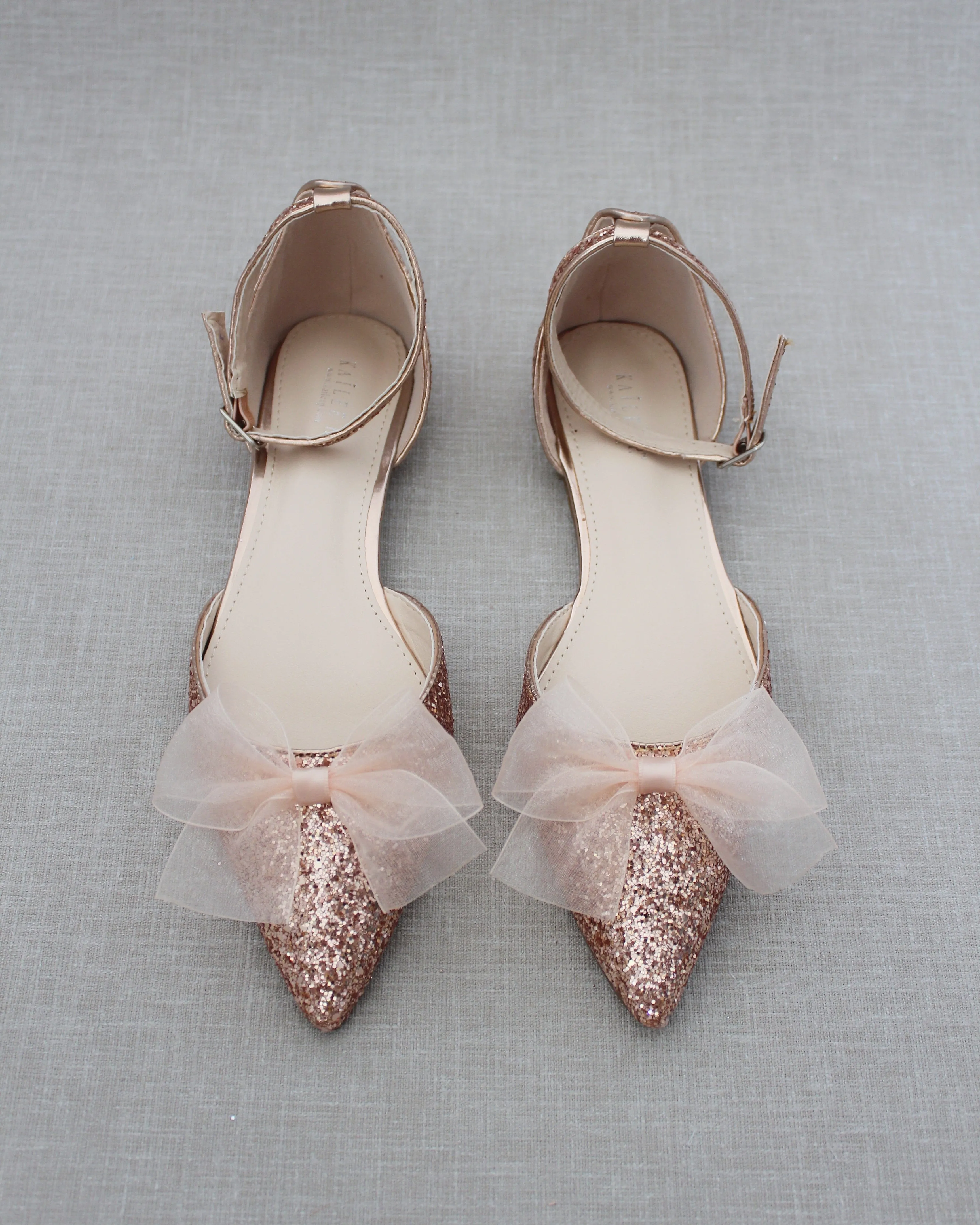 Rock Glitter Pointy Toe Flats with Organza Bow